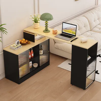Produktbild von Abrihome 360° Drehbarer Ausziehbarer Bartisch, Esszimmertisch mit Schrank und Stauraum, Stehtisch Sideboard, Schwarz