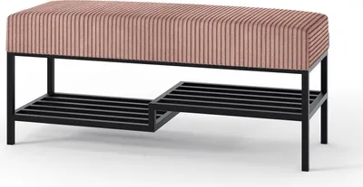 A product shot of a bench with a shoe rack underneath.