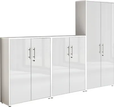 Produktbild von Aktenschrank TABOR 53 in weiß / weiß Hochglanz, Schrankwand, Büroschrank, abschließbar, Metallgriffe