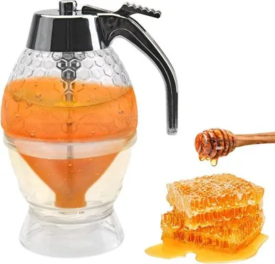 Produktbild von Unyqoos® Acryl-Honigspender 200 ml – tropffreier Honig- & Sirupdosierer, transparentes Waben-Design, mit Untersetzer