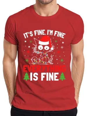 Zdjęcie produktu dla It's Fine I'm Fine Christmas Cat Lights Śmieszny prezent Koszulka męska, Czerwony, S