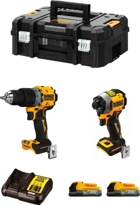 A product shot of a DeWALT tool set including a drill, impact driver, charger, and batteries, along with a storage case.