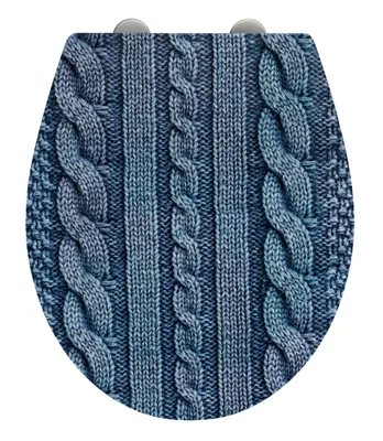 A toilet seat with a blue knitted cable pattern.