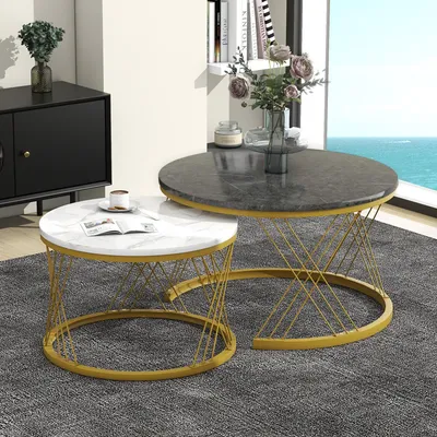 Image de okwish Tables basses modernes Ensemble de tables basses avec cadre métallique, plateau rond en placage motif marbre, lot de 2, blanc + gris