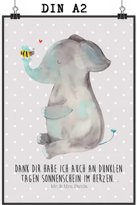 Produktbild von Mr. & Mrs. Panda Bild Elefant Biene DIN A2 - Grau Pastell - Geschenk, Kunstdruck, Lustige Sprüche, Liebesspruch, Wandbild, poster, Heiratsantrag, drucke, Liebe, wanddeko