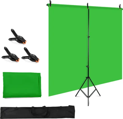 Zdjęcie produktu dla Andoer, zielony ekran tła o wymiarach 1,5 x 2 metry (5 x 7 stóp), zestaw do fotografii z funkcją chromakey, wyposażony w regulowany statyw w kształcie litery "T" oraz 3 zaciski do mocowania tła