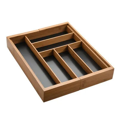 A bamboo cutlery organizer with black inserts, shown from a slightly elevated angle against a white background.