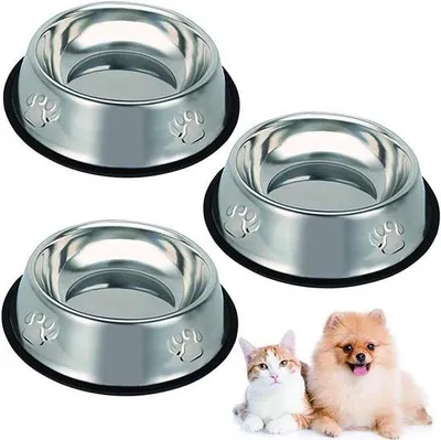 Image de Lot de 3 gamelles pour chat en acier inoxydable avec socle en caoutchouc pour l'intérieur