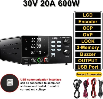 Obrázek produktu pro Programovatelný laboratorní stejnosměrný napájecí zdroj – stolní napájecí zdroj – nastavitelný rozsah 0–30 V, 20 A – rozhraní USB – ochrana OCP/OVP – funkce ukládání – vstup 220 V střídavého proudu – R-SPS3020S-USB