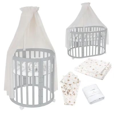 Produktbild von Waldin Babybett OWAL Kinderbett 7in1 mit Matratze, mitwachsendes Kinder-Bett,Stoffe Champagner Löwenzahn,Holz Grau
