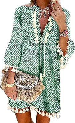 Produktbild von Damen Kleider Strand Elegant Casual A-Linie Kleid Langarm Sommerkleider Boho V-Ausschnitt Quaste Tunika Vintage Böhmen Mini Kleider Strandkleid