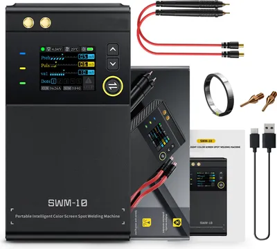 Obrázek produktu pro SWM-10 Přenosná ruční bodová svářečka pro kutily s 1200 A, mini bodová svářečka na nikl, ocel, hliník, včetně barevného LCD displeje a baterie 5000 mAh