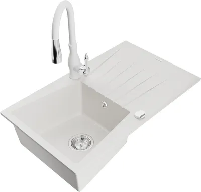 Produktbild von Mexen Cesar 1 Becken-Granitspüle mit Abtropffläche und Mischbatterie Savita, Weiß - 6514-20-672601-20