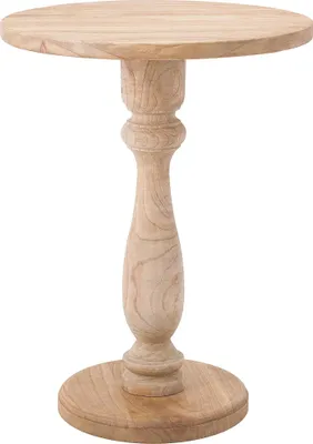 A wooden side table with a round top and a carved pedestal base.