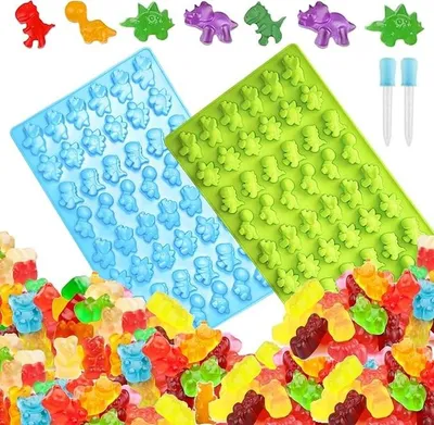 Produktbild von GKA 2 Stück 3D Silikon Silikonform Gummibärchenform für 96 Dinosaurier mit 2 Pipetten Dinos selber herstellen Silikonform Form Dino Dinosaurierform