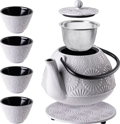 Produktbild von KADAX Gusseiserner Kessel mit Teetassen, Japanischer Teeservice, Teeset (Weiß)