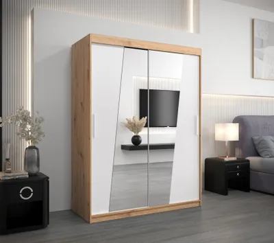 Produktbild von Kleiderschrank mit Spiegeln ELVIRA – Breite 150 cm, Eiche artisan / weiß