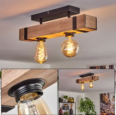 Produktbild von Bollengo moderne Deckenlampe aus Metall/Holz in Schwarz/Natur