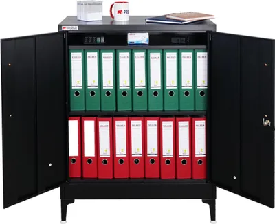 Produktbild von Flügeltürenschrank ELEPHANT mit Beinen & 2 Türen, abschließbar | HxBxT 103x80x40cm | 3 Ebenen | Stahl mit Pulverbeschichtung | Schwarz | Mehrzweckschrank Büroschrank Aufbewahrungsschrank