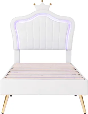 Produktbild von Flieks Polsterbett 90x200cm mit Lattenrost, Jugendbett Kinderbett mit Led, Einzelbett mit Kronenformung, Holzbett Klassisches Bett, PU, Weiß