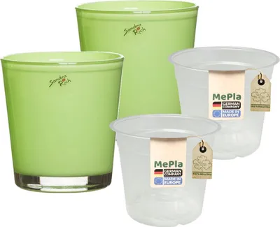 Produktbild von MePla - 2 Stück - Sandra Rich Glas-Orchideenkübel ø 12,5 Hellgrün + Pflanztopf Orchidee ø 12
