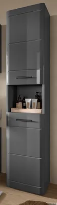 A tall, narrow, gray, high-gloss bathroom cabinet with multiple shelves and drawers.