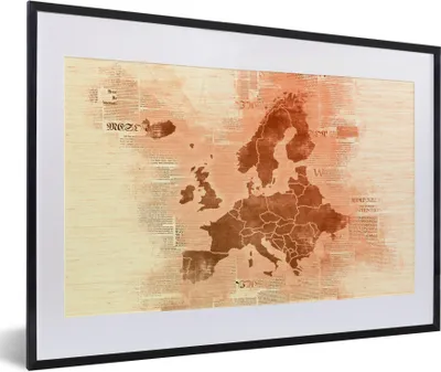 Produktbild von MuchoWow® MuchoWow® Gerahmtes Poster Karte von Europa - Zeitung - Orange 60x40 cm - Poster mit zchwarzem Bilderrahmen - Schlafzimmer - Plakat in Rahmen - Drucken