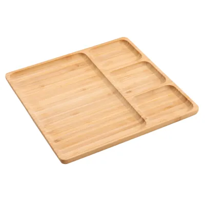 A bamboo serving tray with multiple compartments, shown from a diagonal top-down view against a white background.