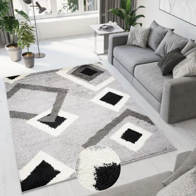 Produktbild von Teppich Wohnzimmer Schlafzimmer Shaggy Hochflor Langflor Schwarz Grau  60 x 100 cm