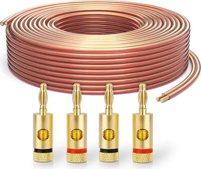 A coiled speaker cable and four banana plugs are displayed against a white background.