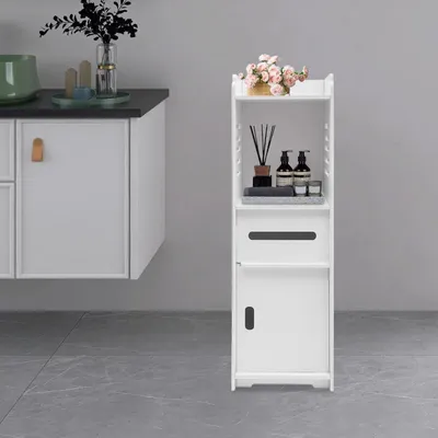 Image de Armoire de salle de bain - Armoire de rangement à 4 étagères - Porte simple - Grande capacité - Support pour essuie-mains en papier - Plastique ABS
