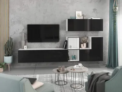 Produktbild von Wohnwand VARIANTO 1 Schrank Set 7 tlg., 266 cm, weiß matt / schwarz Hochglanz, grifflos, stehend und hängend