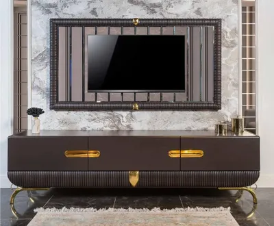 Zdjęcie produktu dla Brązowa szafka pod telewizor do salonu Designerska rama do telewizora drewniany zestaw