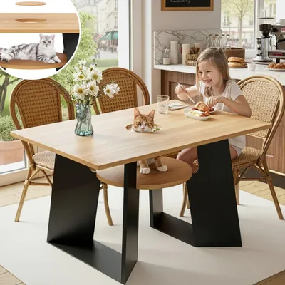 Produktbild von Esstisch für 6 Personen mit Haustierbereich & Ablagebrett – rechteckiger Küchentisch aus Naturholz, 130x85x75cm, haustierfreundlich, Naturholz+Schwarz