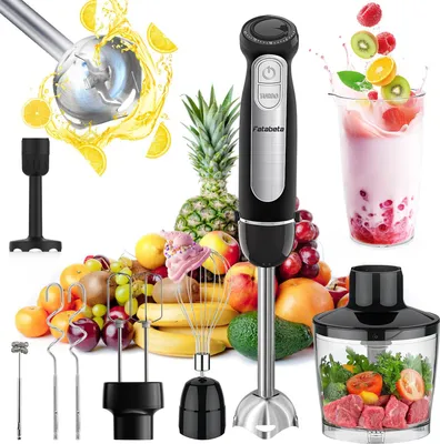 A collage of an immersion blender and its accessories, surrounded by various fruits and a smoothie.