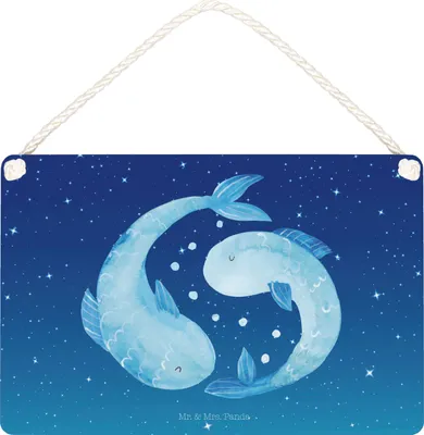 Produktbild von Mr. & Mrs. Panda Schild Sternzeichen Fische DIN A4 - Sternenhimmel Blau - Geschenk, holzbild, Geburtstag März, Februar, Fisch, kleine aufmerksamkeit, Türschild, Sternbild