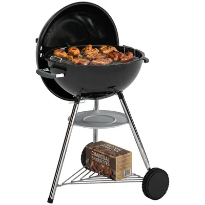 Produktbild von Holzkohlegrill mit rundem Außenrost, Deckel, Thermometer und Rädern, schwarz