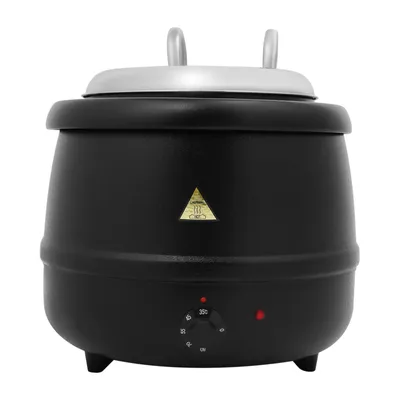 A black electric soup kettle with a silver lid and handles, shown from the front on a white background.