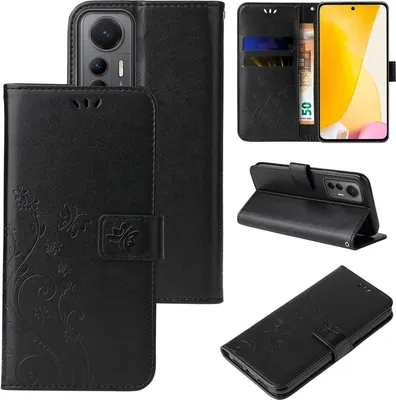 Produktbild von Handyhülle für Xiaomi 12 / 12X Floral Blumen Schmetterling Flip Cover Hülle Case Klapphülle Handytasche Farbe: Schwarz