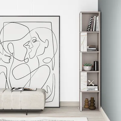 Zdjęcie produktu dla DECORTIE Piano Nowoczesny regał narożny z oświetleniem Mocha - Efekt złotego marmuru 31 x 31 x 159 cm