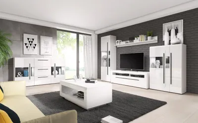 Produktbild von Wohnzimmer Set inkl. Wohnwand Sideboard Couchtisch und Beleuchtung TURDA-83 in Hochglanz weiß mit Absetzungen in schwarz, B/H/T: ca. 320/204/50 cm