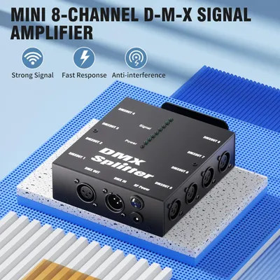 Produktbild von Mini-DMX512-Signalverstärker - 8-Kanal-DMX-Splitter - 8 Unabhängige DMX-Ausgänge - 3-poliger XLR - EU-Stecker - 110–240 V - Schwarz