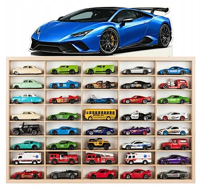 Modellauto-Regal für 40 Autos 1:64 – Wandregal & Setzkasten für Spielzeugautos, Supersportwagen-Motiv, Birken-Sperrholz – mit Modellautos an der Wand
