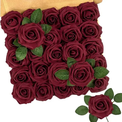 Produktbild von Kš¹nstliche Blumen Rosen, 25 Stš¹ck Deko Blumen Fake Rosen kunstblume mit Stielen fš¹r DIY Hochzeit, Valentinstag, Muttertag, Babyparty, Blumenstr?u?e Braut Zuhause Dekoration, Dunkelrot