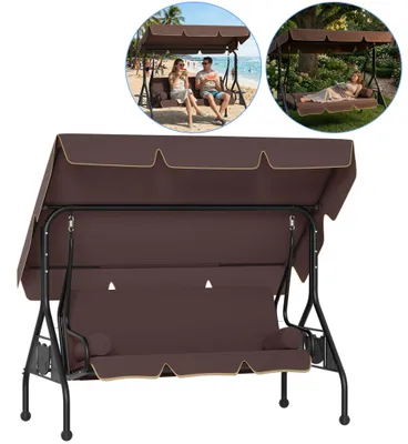 Image de Balançoire de jardin CEEDIR 3 places avec fonction d'inclinaison, balançoire de jardin avec auvent, 2 coussins, 2 tablettes, structure en acier pouvant supporter jusqu'à 350 kg, marron foncé