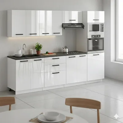 Produktbild von ULWEHOME | Küchenzeile 260 cm Weiß Hochglanz, Küchenmöbel-Set mit Arbeitsplatten 2,6 m, Backofen- und Mikrowellen-Hochschrank, Küchenblock