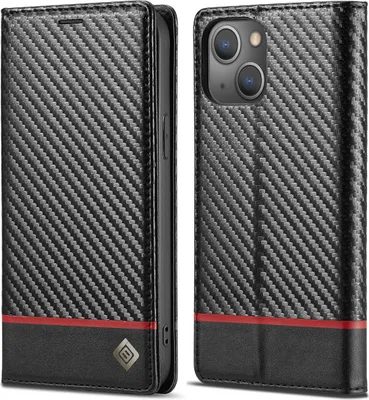 Image de Étui pour iPhone 13 Étui en cuir carbone avec porte-cartes, aimant et support Noir Horizontal Rouge
