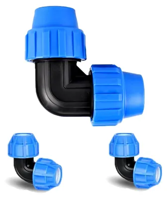 Produktbild von 3 Stück PP-Fitting Verschraubung für PE Rohr 32mm, Klemmverbinder, 90° Winkel Kunststoff PP Kupplung für PE Rohr, Blau
