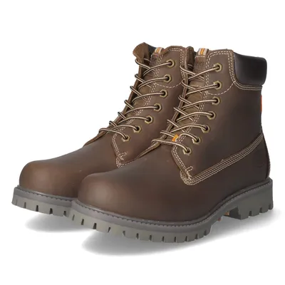 A pair of brown leather work boots with gray soles, shown from a slightly angled front view against a white background.