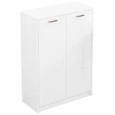 A white two-door cabinet with gold handles, shown from a slightly angled front view.